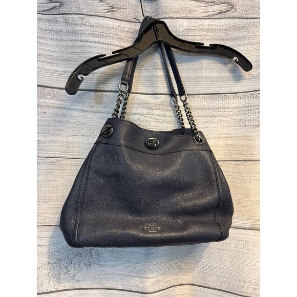 Coach Turnlock Edie Shoulder Bag Purse Dark blue pebbled Leather - Picture 1 of 8